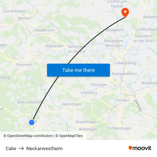 Calw to Neckarwestheim map