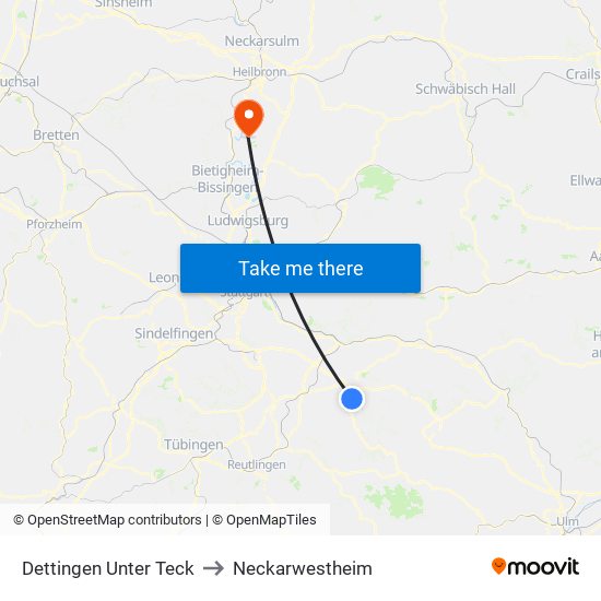 Dettingen Unter Teck to Neckarwestheim map