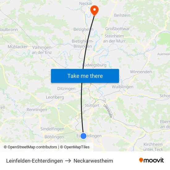 Leinfelden-Echterdingen to Neckarwestheim map