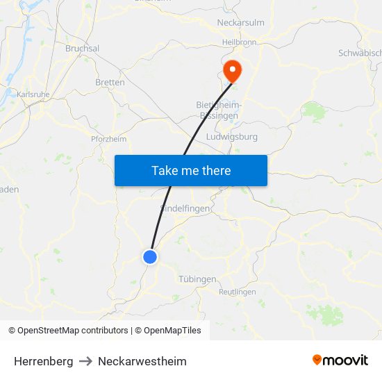 Herrenberg to Neckarwestheim map