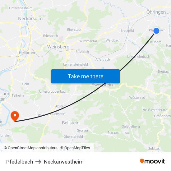 Pfedelbach to Neckarwestheim map