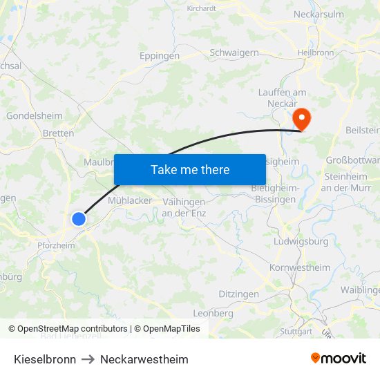 Kieselbronn to Neckarwestheim map