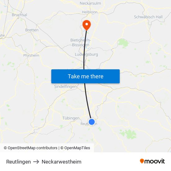 Reutlingen to Neckarwestheim map