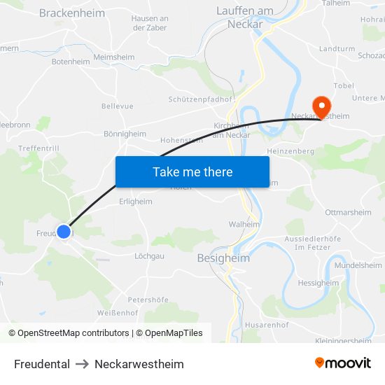 Freudental to Neckarwestheim map