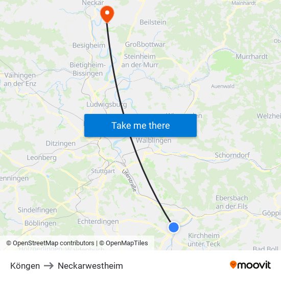 Köngen to Neckarwestheim map