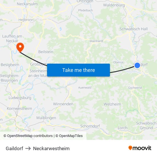 Gaildorf to Neckarwestheim map