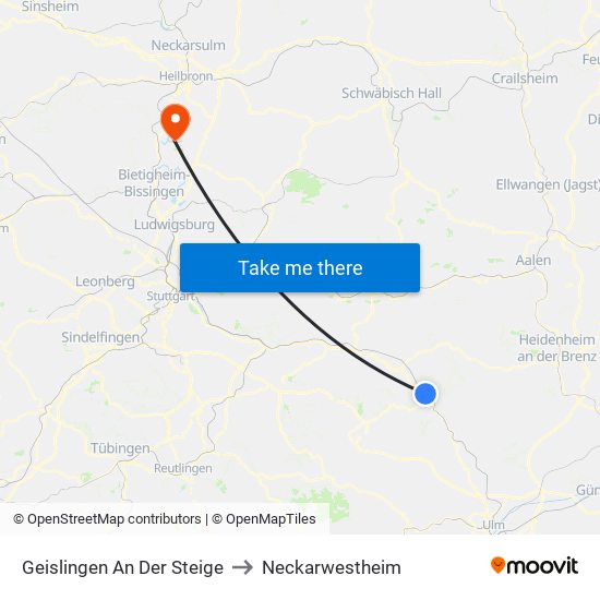 Geislingen An Der Steige to Neckarwestheim map