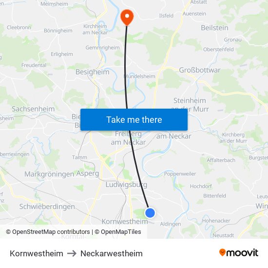 Kornwestheim to Neckarwestheim map