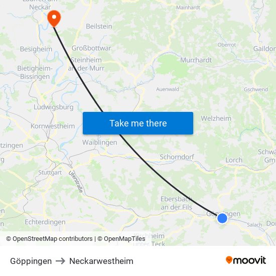 Göppingen to Neckarwestheim map