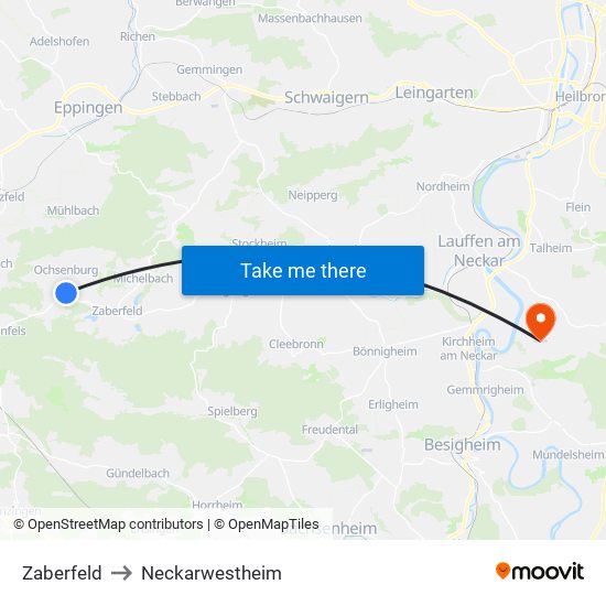 Zaberfeld to Neckarwestheim map