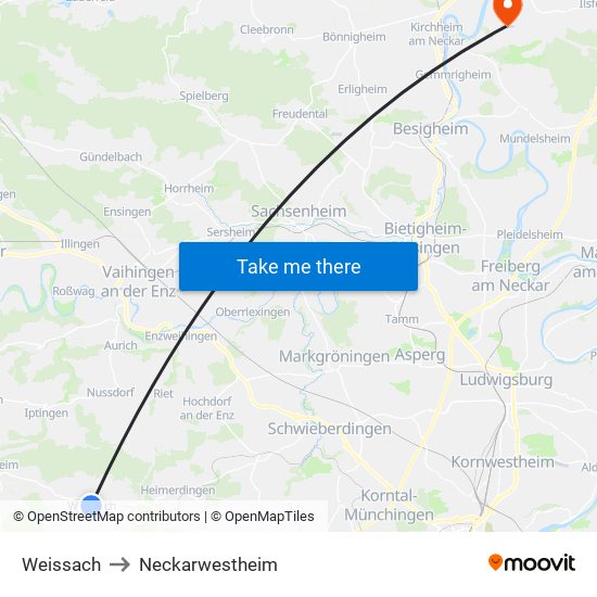 Weissach to Neckarwestheim map
