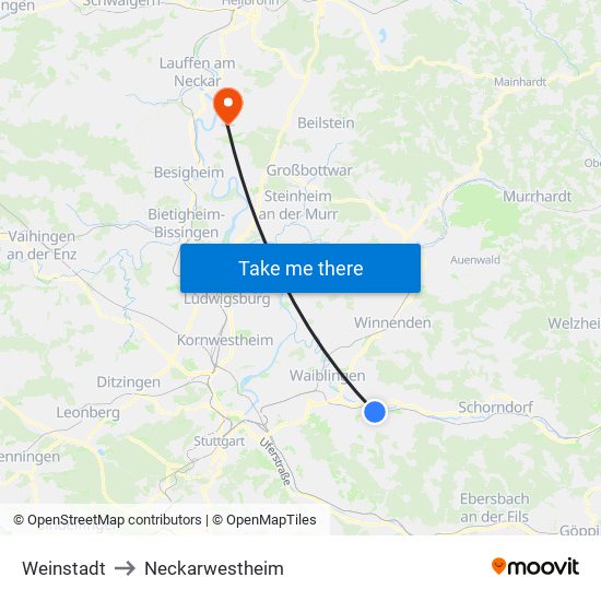 Weinstadt to Neckarwestheim map