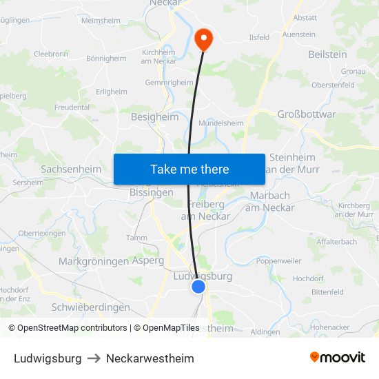 Ludwigsburg to Neckarwestheim map
