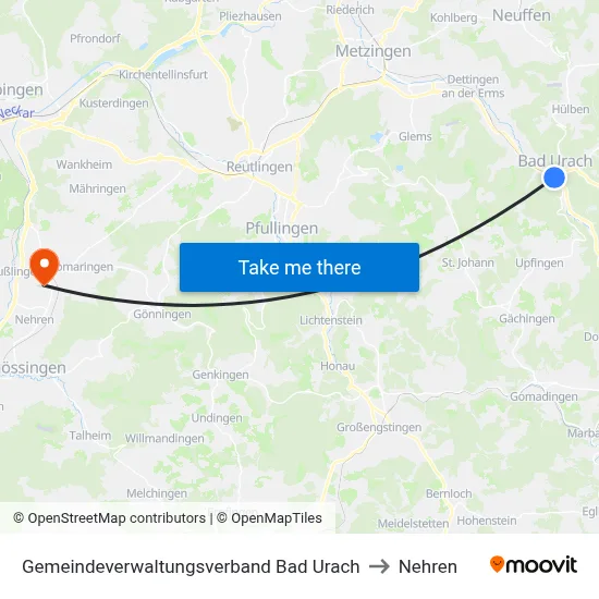 Gemeindeverwaltungsverband Bad Urach to Nehren map