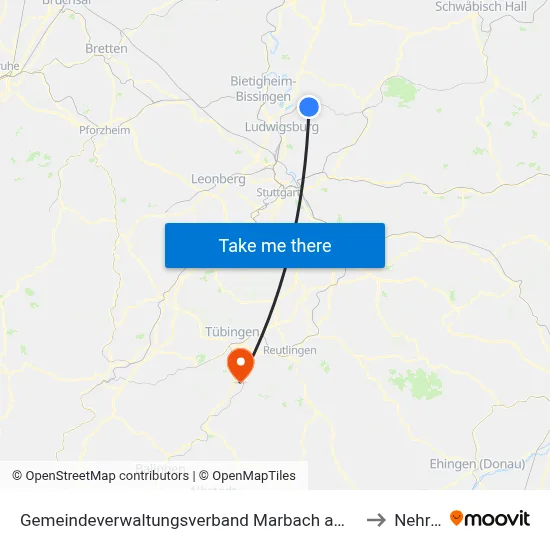 Gemeindeverwaltungsverband Marbach am Neckar to Nehren map