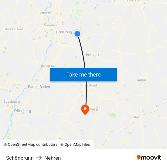 Schönbrunn to Nehren map