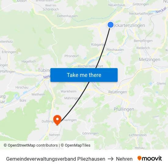 Gemeindeverwaltungsverband Pliezhausen to Nehren map