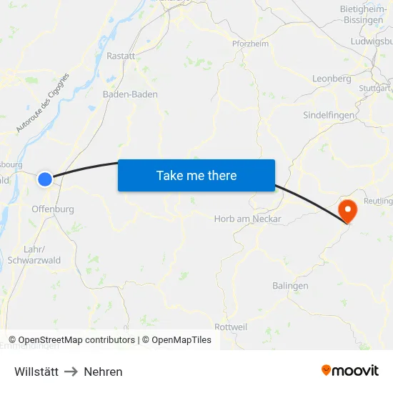 Willstätt to Nehren map