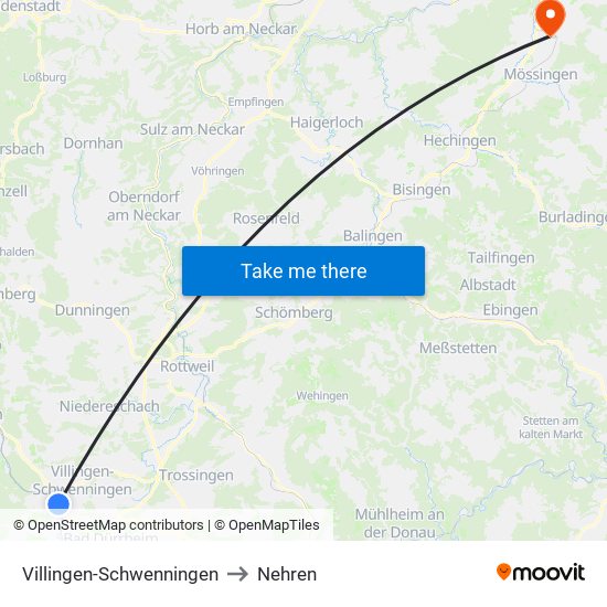 Villingen-Schwenningen to Nehren map