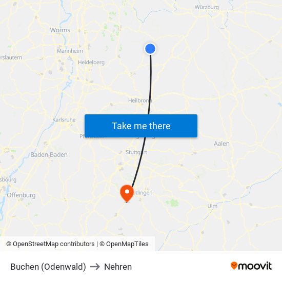 Buchen (Odenwald) to Nehren map