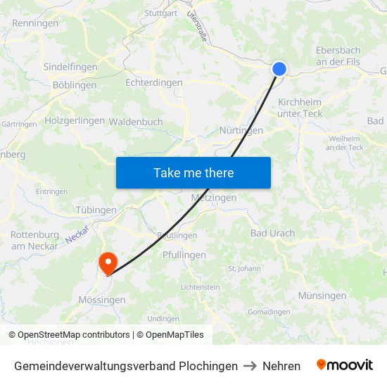 Gemeindeverwaltungsverband Plochingen to Nehren map