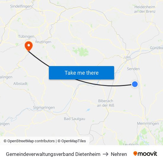 Gemeindeverwaltungsverband Dietenheim to Nehren map