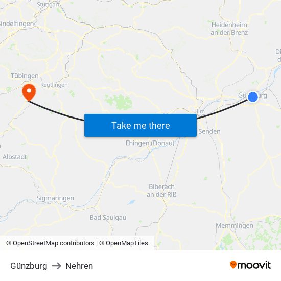 Günzburg to Nehren map