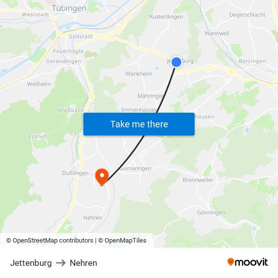 Jettenburg to Nehren map