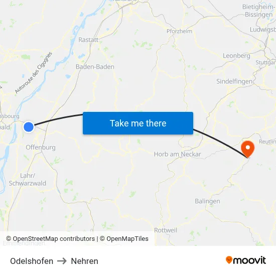 Odelshofen to Nehren map