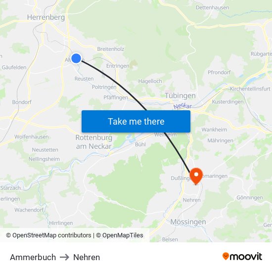 Ammerbuch to Nehren map