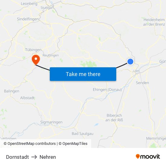 Dornstadt to Nehren map