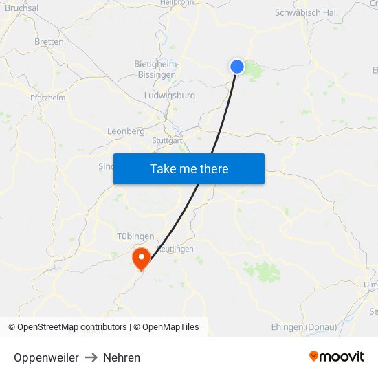 Oppenweiler to Nehren map