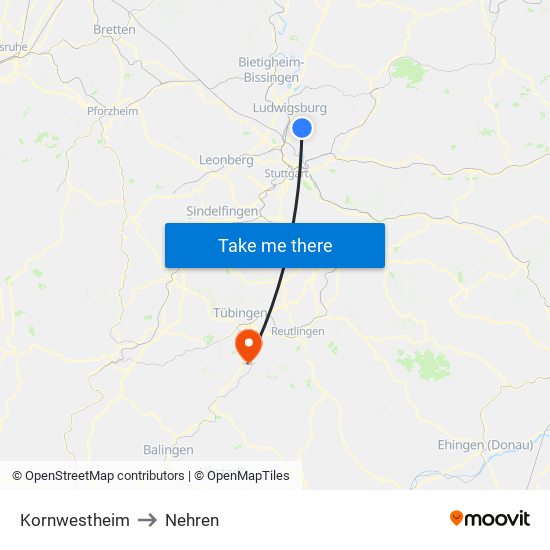 Kornwestheim to Nehren map