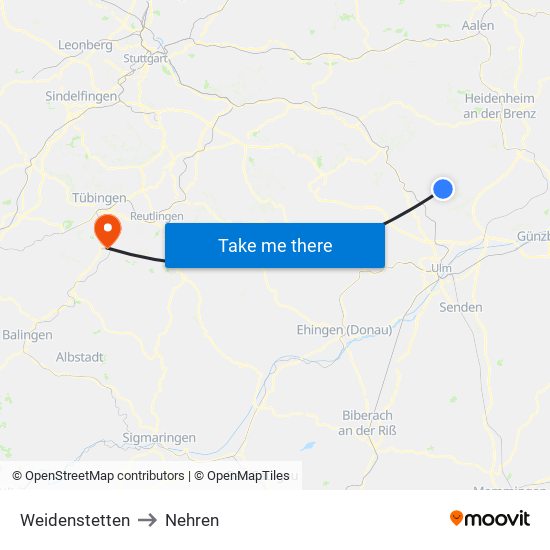 Weidenstetten to Nehren map