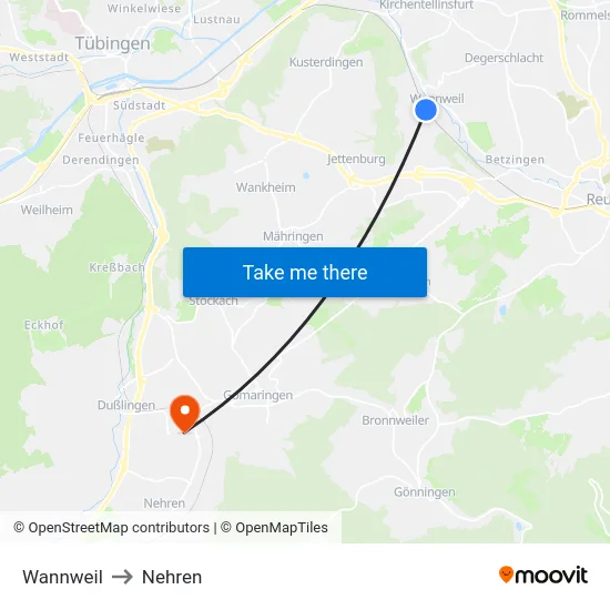 Wannweil to Nehren map