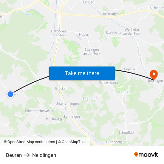 Beuren to Neidlingen map