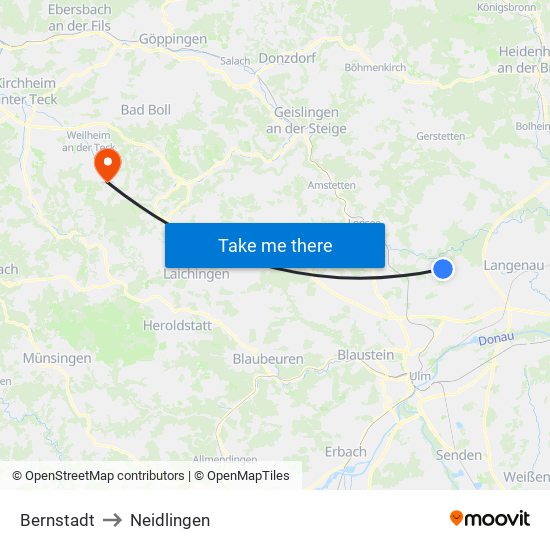 Bernstadt to Neidlingen map