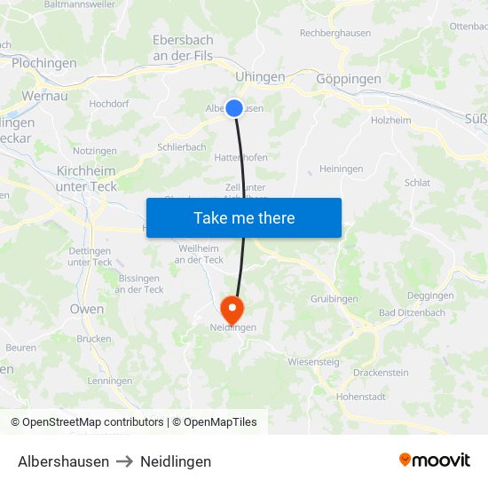 Albershausen to Neidlingen map