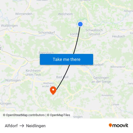 Alfdorf to Neidlingen map