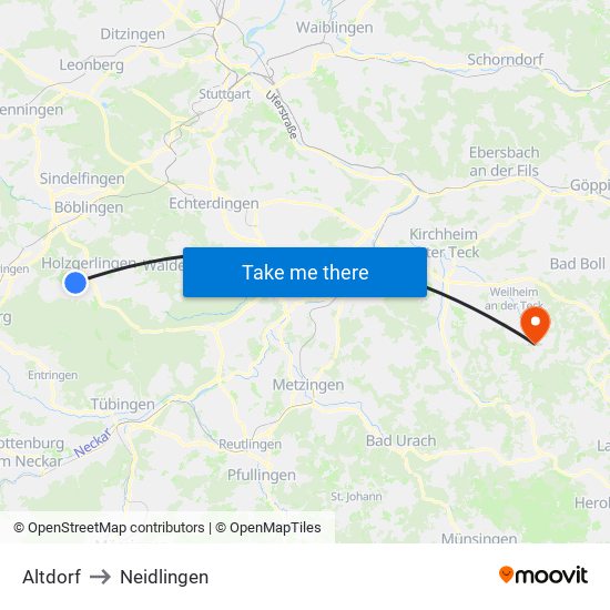 Altdorf to Neidlingen map