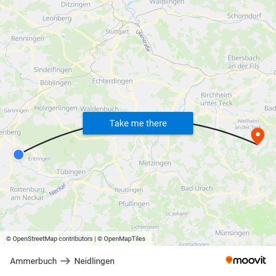 Ammerbuch to Neidlingen map