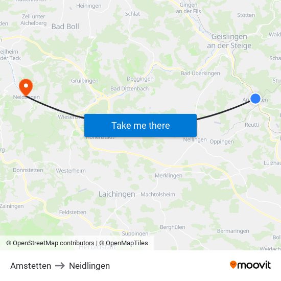 Amstetten to Neidlingen map