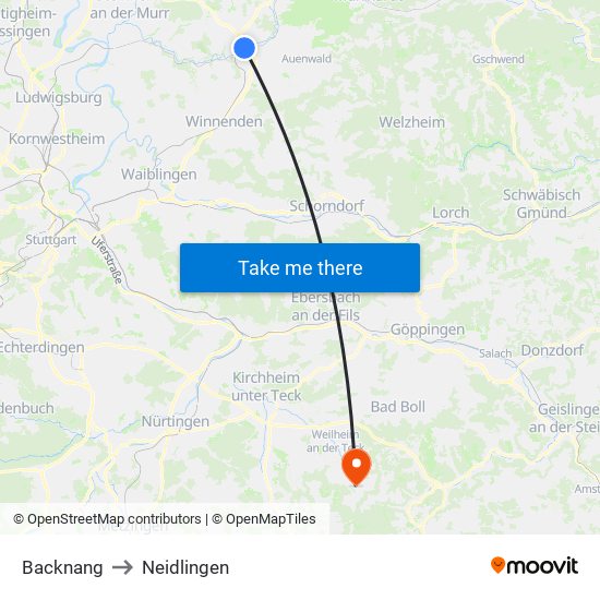 Backnang to Neidlingen map