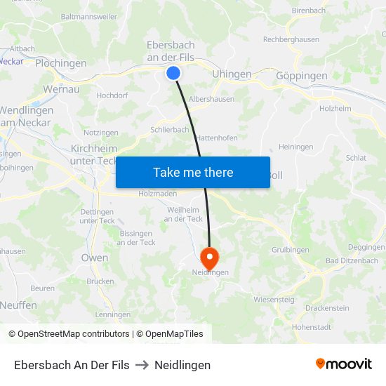 Ebersbach An Der Fils to Neidlingen map