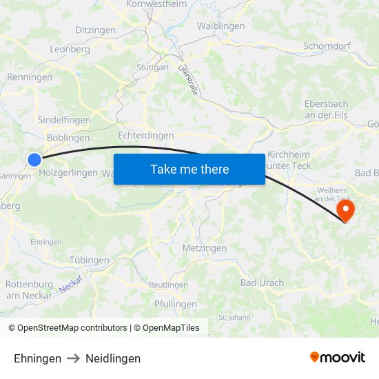 Ehningen to Neidlingen map