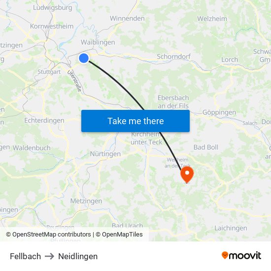 Fellbach to Neidlingen map