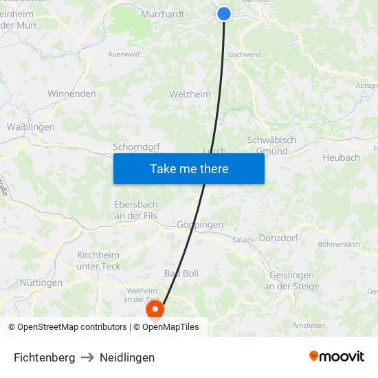 Fichtenberg to Neidlingen map