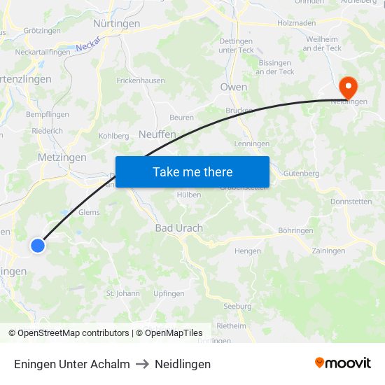 Eningen Unter Achalm to Neidlingen map