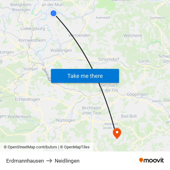 Erdmannhausen to Neidlingen map