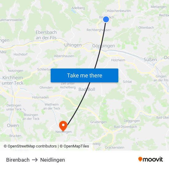 Birenbach to Neidlingen map